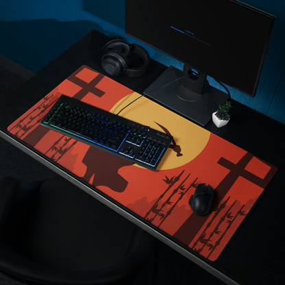 Epic Samurai Sunset large gaming mouse pad with vibrant orange sunset, bamboo silhouettes