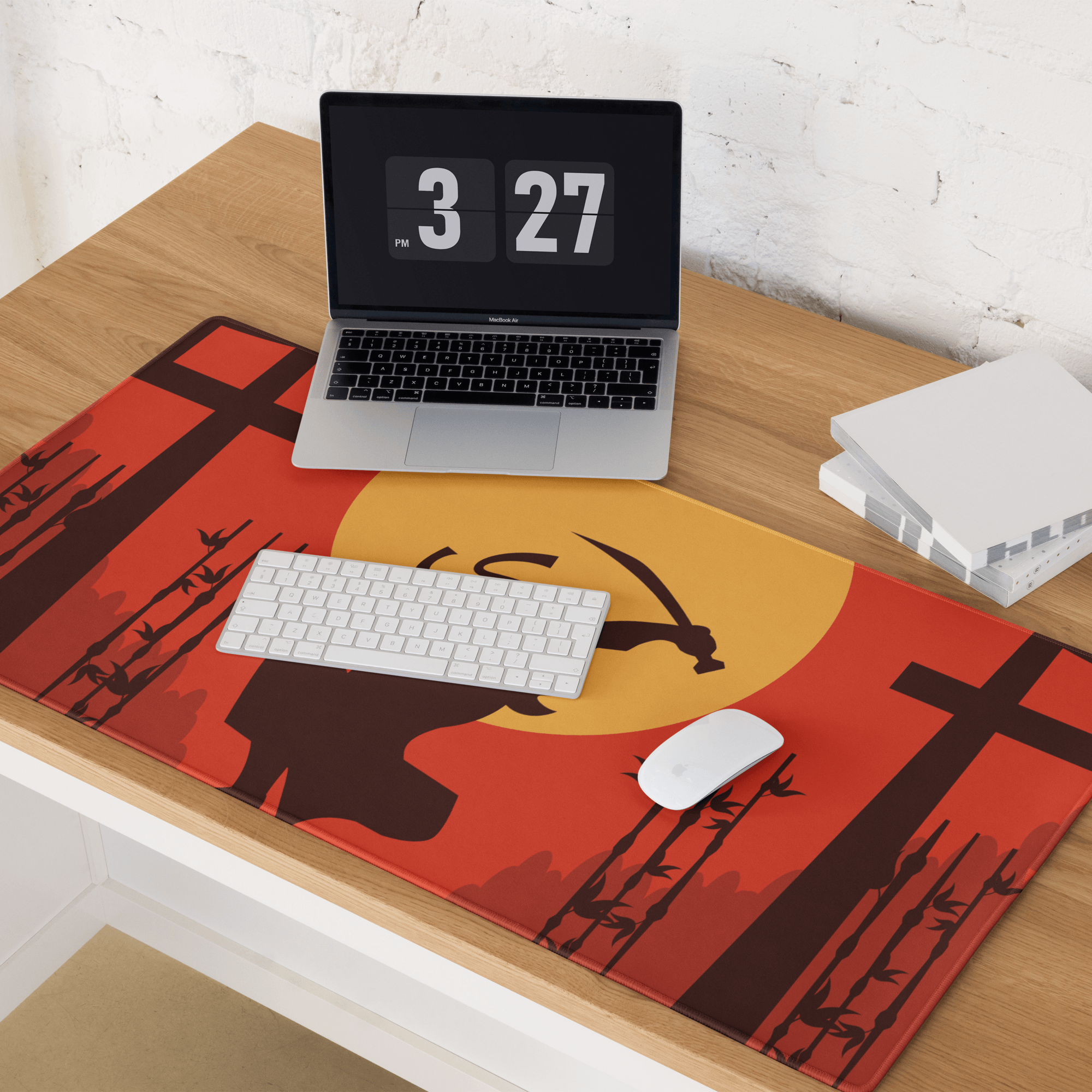Epic Samurai Sunset gaming mouse pad with red orange crosses barbed wire hammer sickle sun design