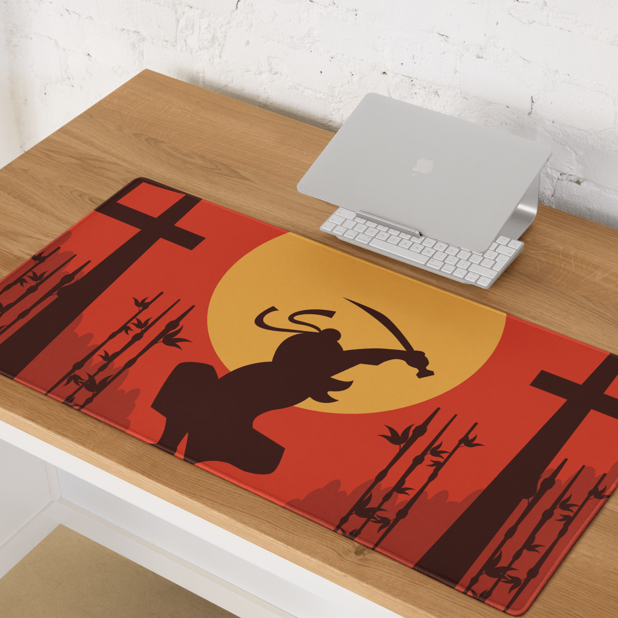Epic Samurai Sunset gaming mouse pad with red orange ninja samurai silhouette