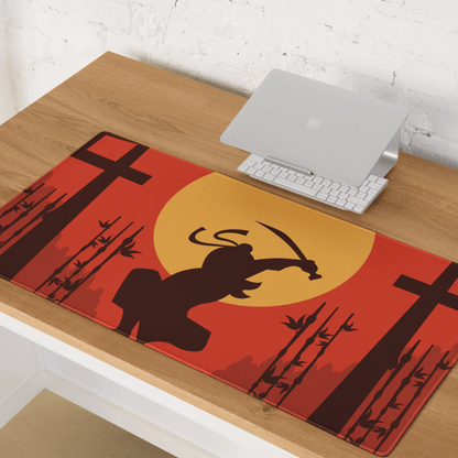 Epic Samurai Sunset gaming mouse pad with red orange ninja samurai silhouette