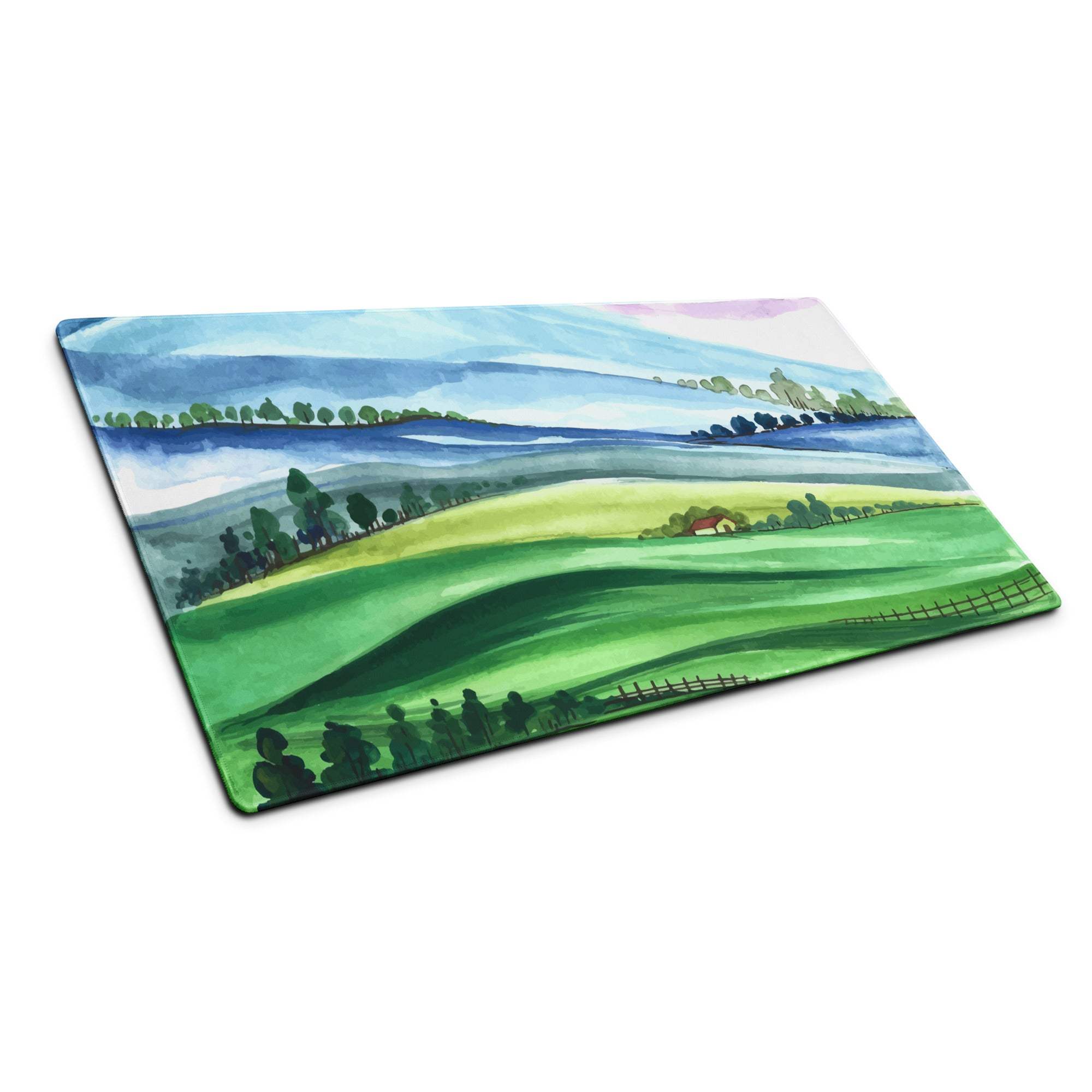 Rectangular glass cutting board with watercolor landscape hills, trees, sky