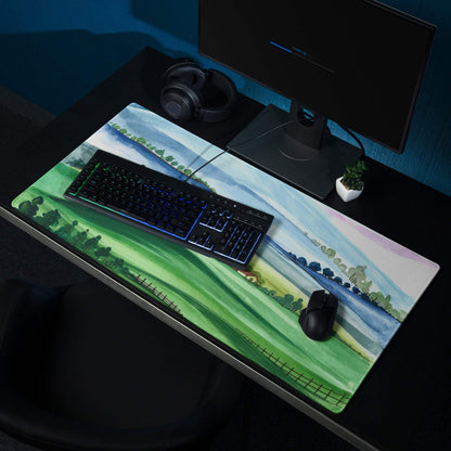 Large watercolor landscape gaming mouse pad with green hills and blue sky