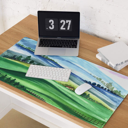 Watercolor landscape gaming mouse pad with green hills, blue rivers, trees