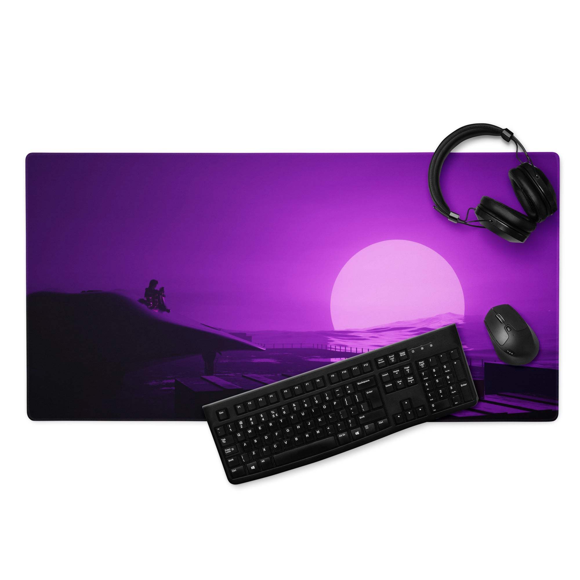 Purple gradient gaming mousepad with retro sunset scene and non-slip backing