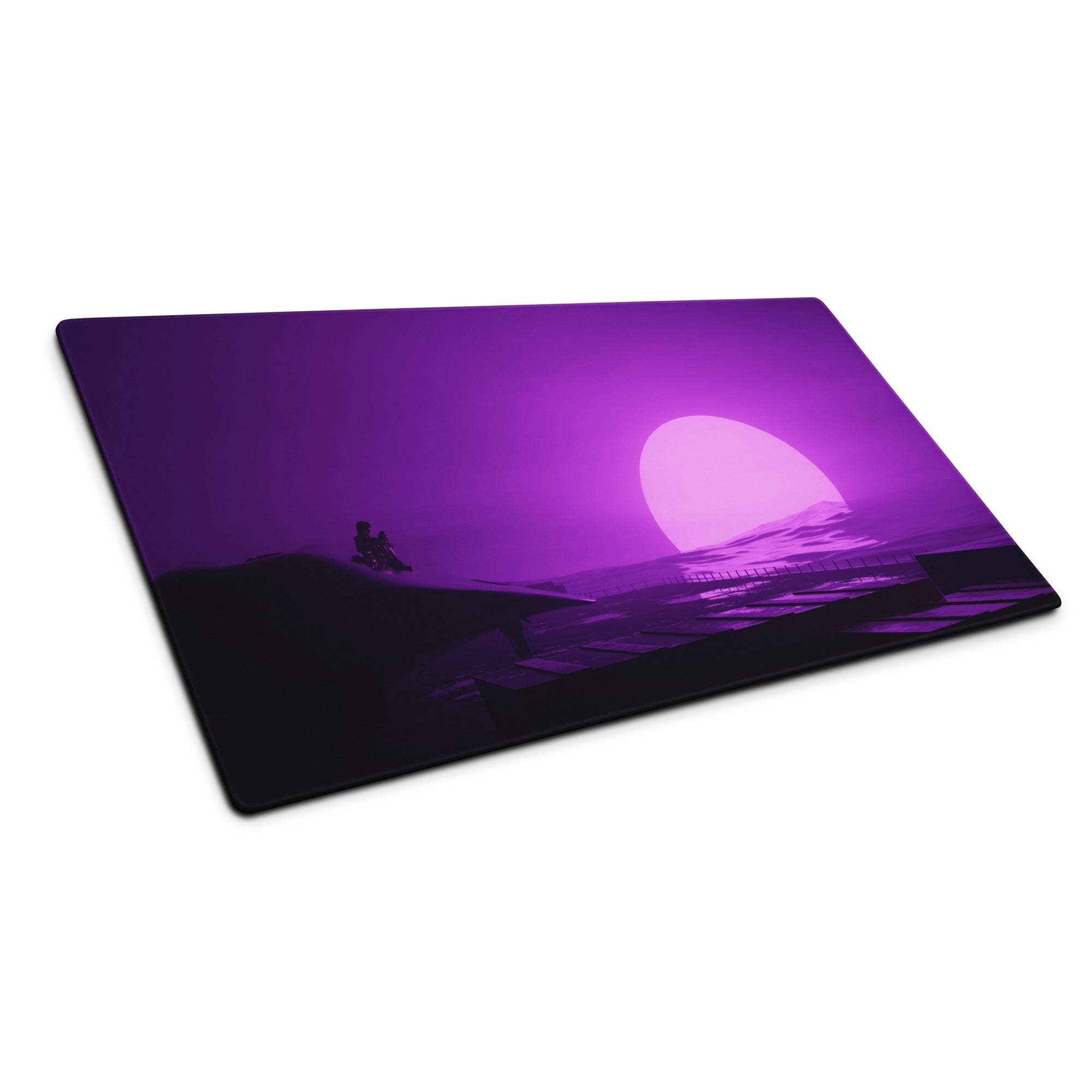 Purple gradient mouse pad with cliff silhouettes and glowing sunset over water