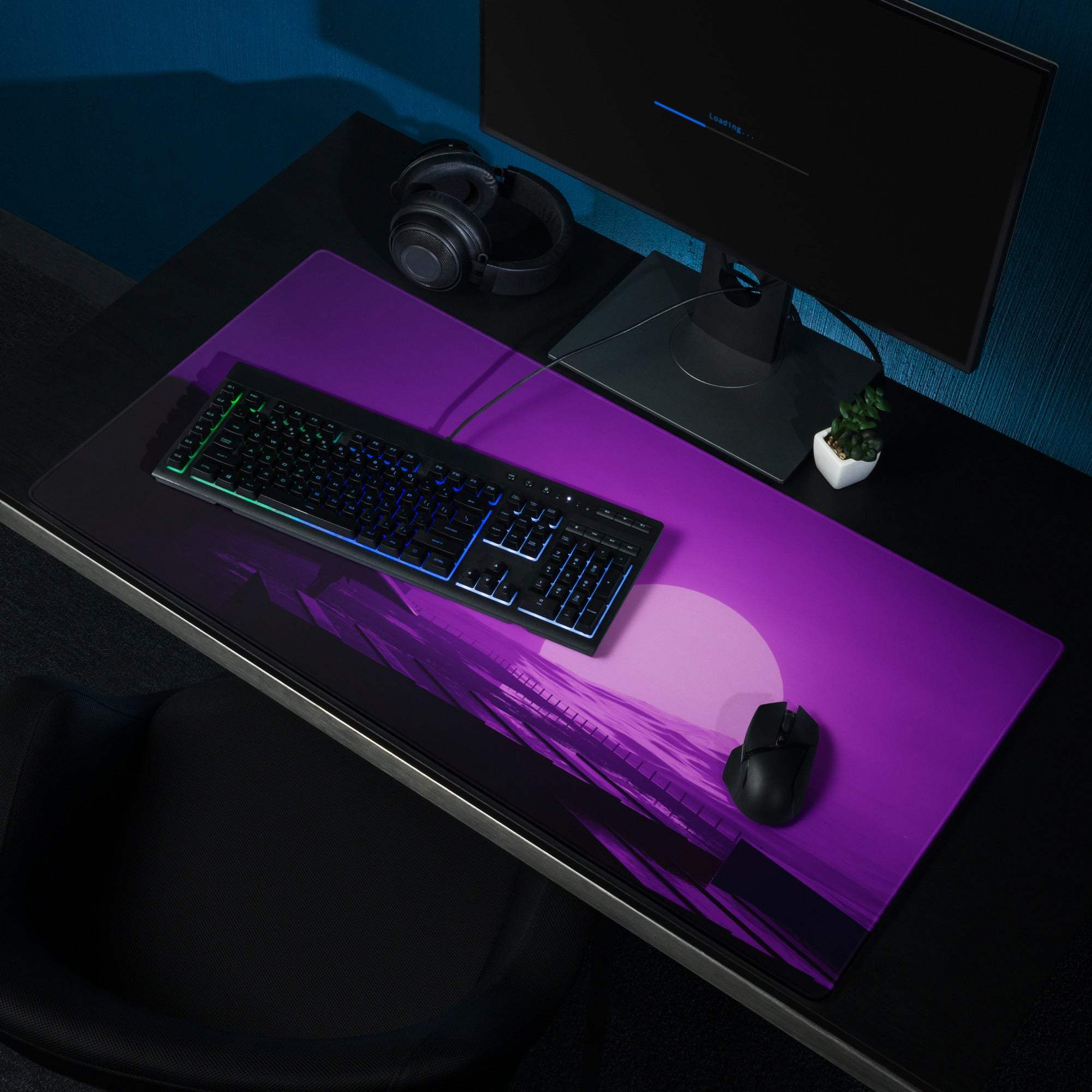Vibrant purple sunset gradient gaming mouse pad with non-slip backing