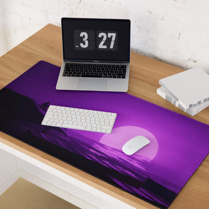 Vibrant purple sunset gaming mouse pad with silhouetted mountains, large size, non-slip backing