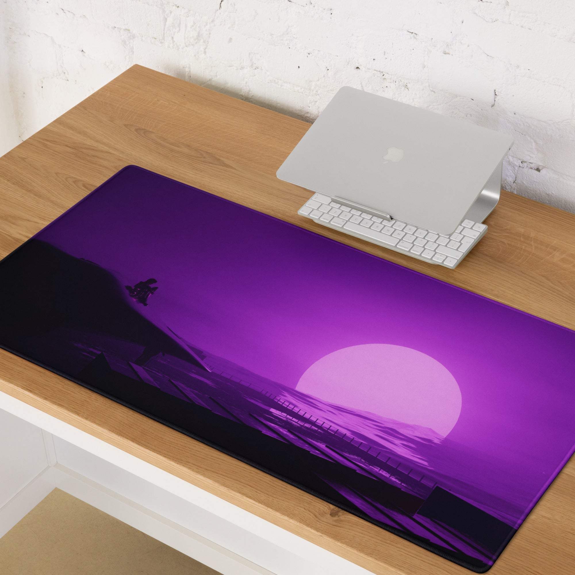 Purple gradient gaming mousepad with sunset over water silhouettes, non-slip backing, edge stitching