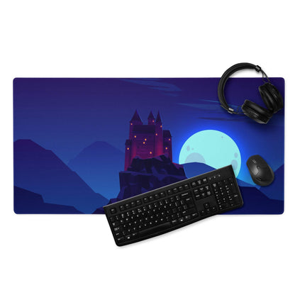 Fantasy castle under glowing moon on blue purple gradient gaming mousepad