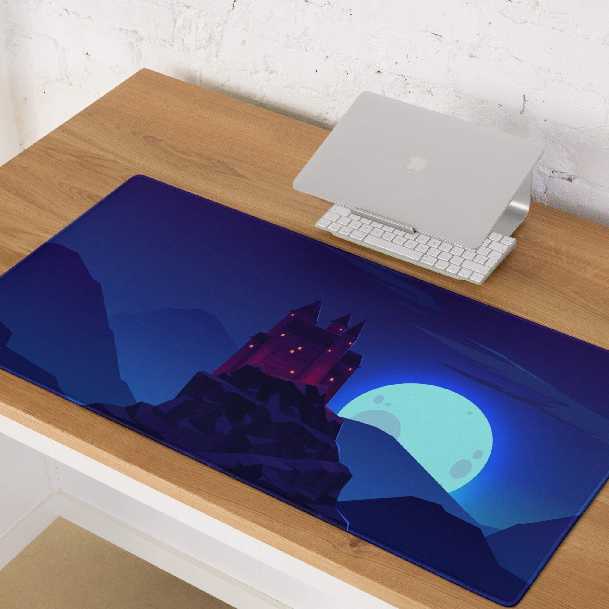 Large dark blue gaming mousepad with purple castle and teal moonlit night sky