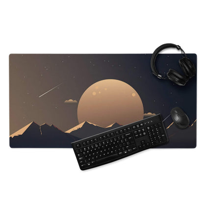 Stylized night sky gaming mouse pad with orange planet, mountains, stars, non-slip base