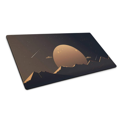 Stylized night sky gaming mouse pad with orange planet, stars, mountains