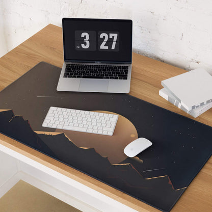 Black cosmic desk mat with golden planet and starry sky design