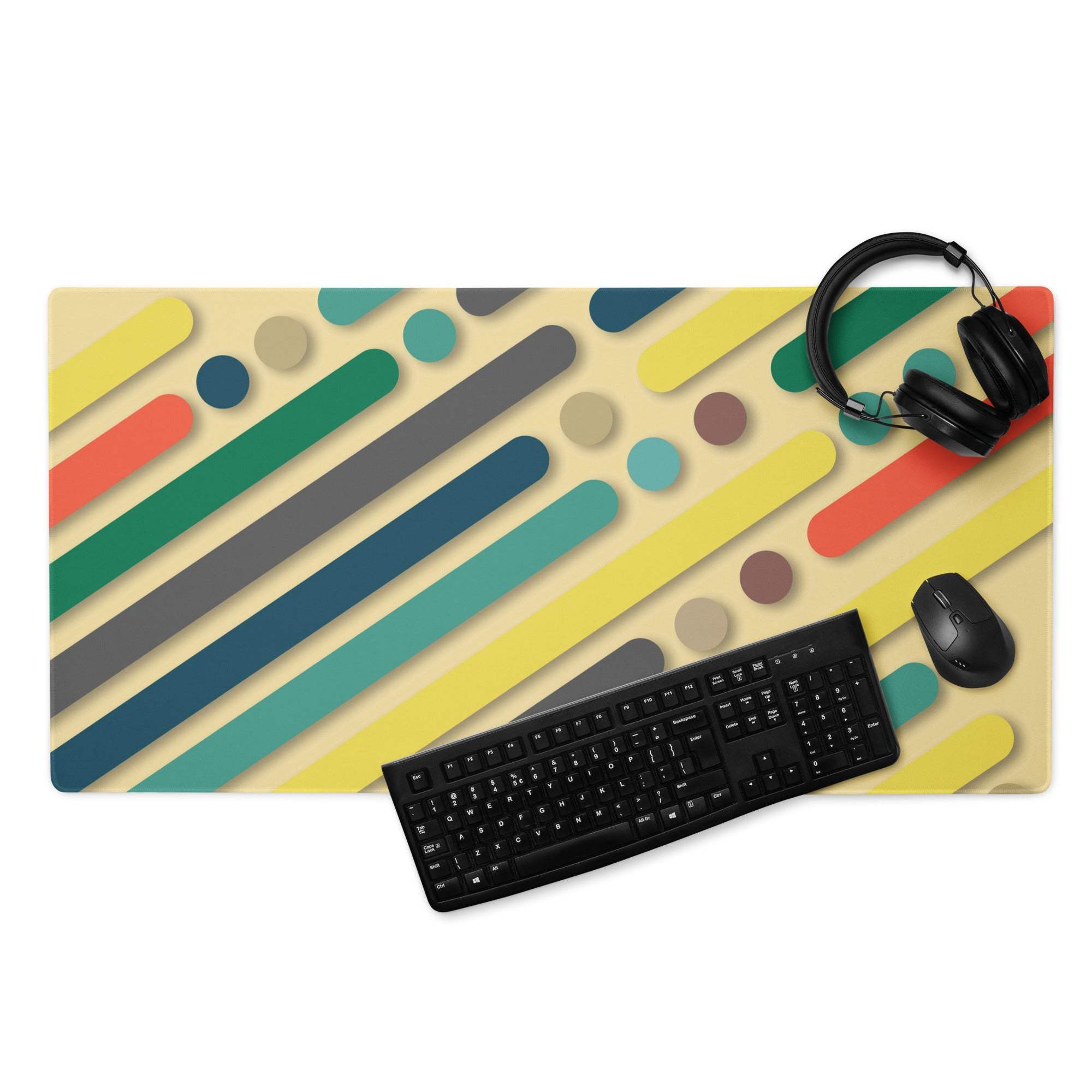 Bold geometric color burst gaming mouse pad with vibrant stripes and circles