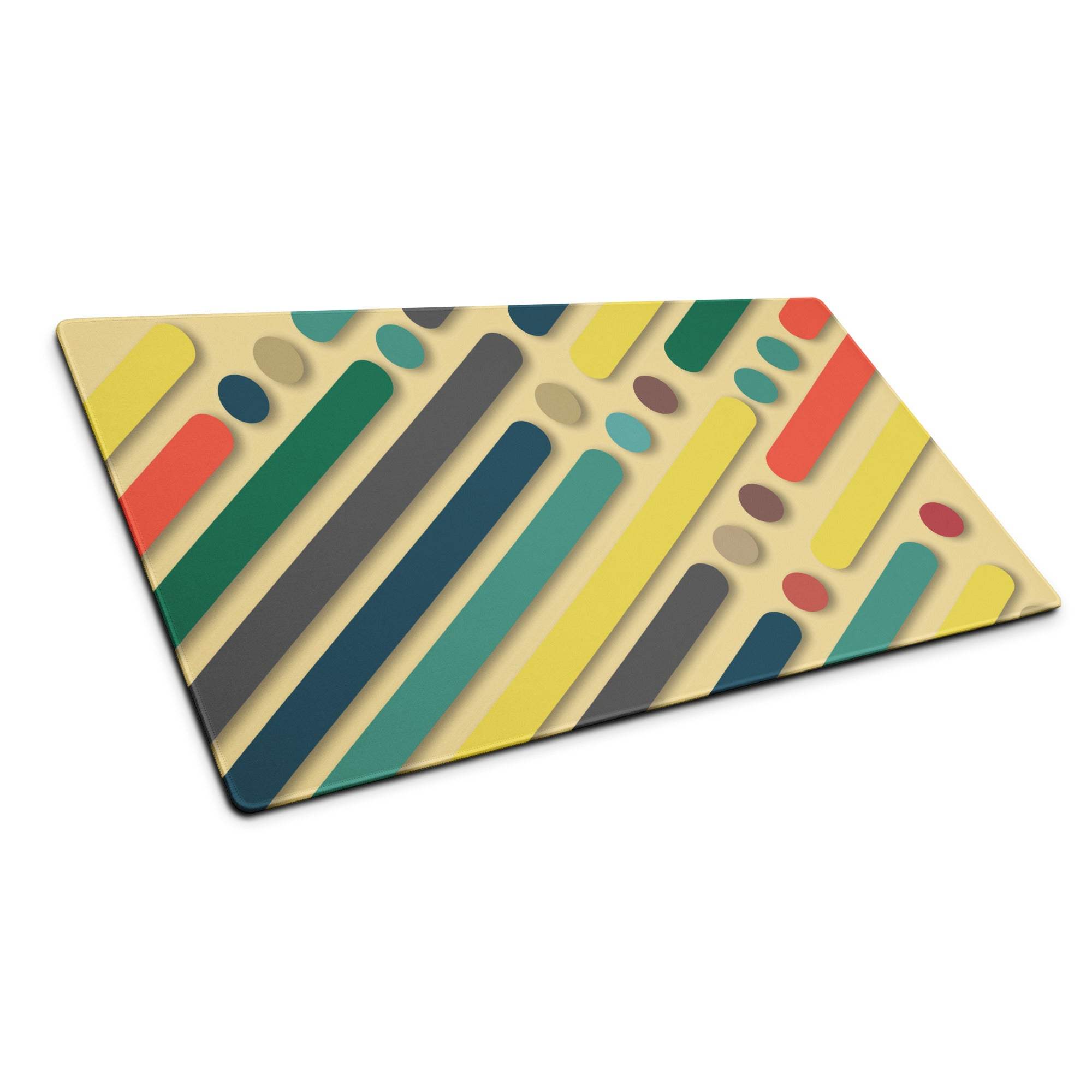 Bold geometric color burst gaming mouse pad with diagonal stripes, dots in yellow, green, red, blue, teal, gray, beige on cream background, large non-slip base