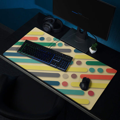 Bold geometric color burst gaming mouse pad with vibrant retro stripes and polka dots