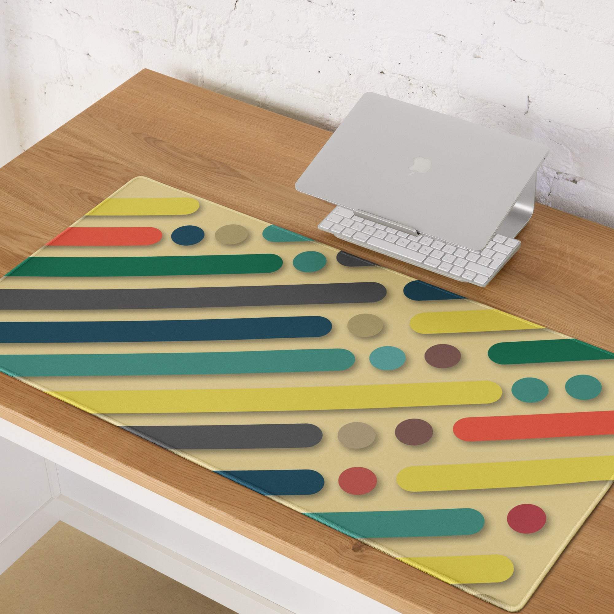 Bold geometric color burst gaming mouse pad with vibrant stripes and circles