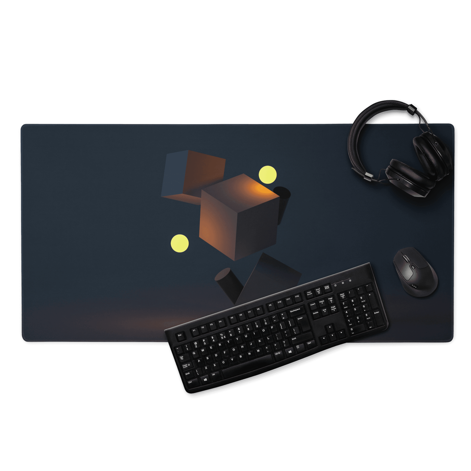 Dark navy gaming mouse pad with glowing amber geometric cubes and spheres