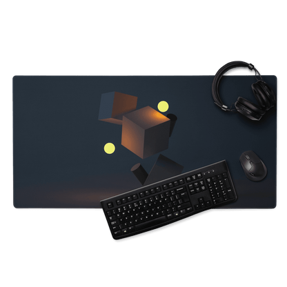 Dark navy gaming mouse pad with glowing amber geometric cubes and spheres