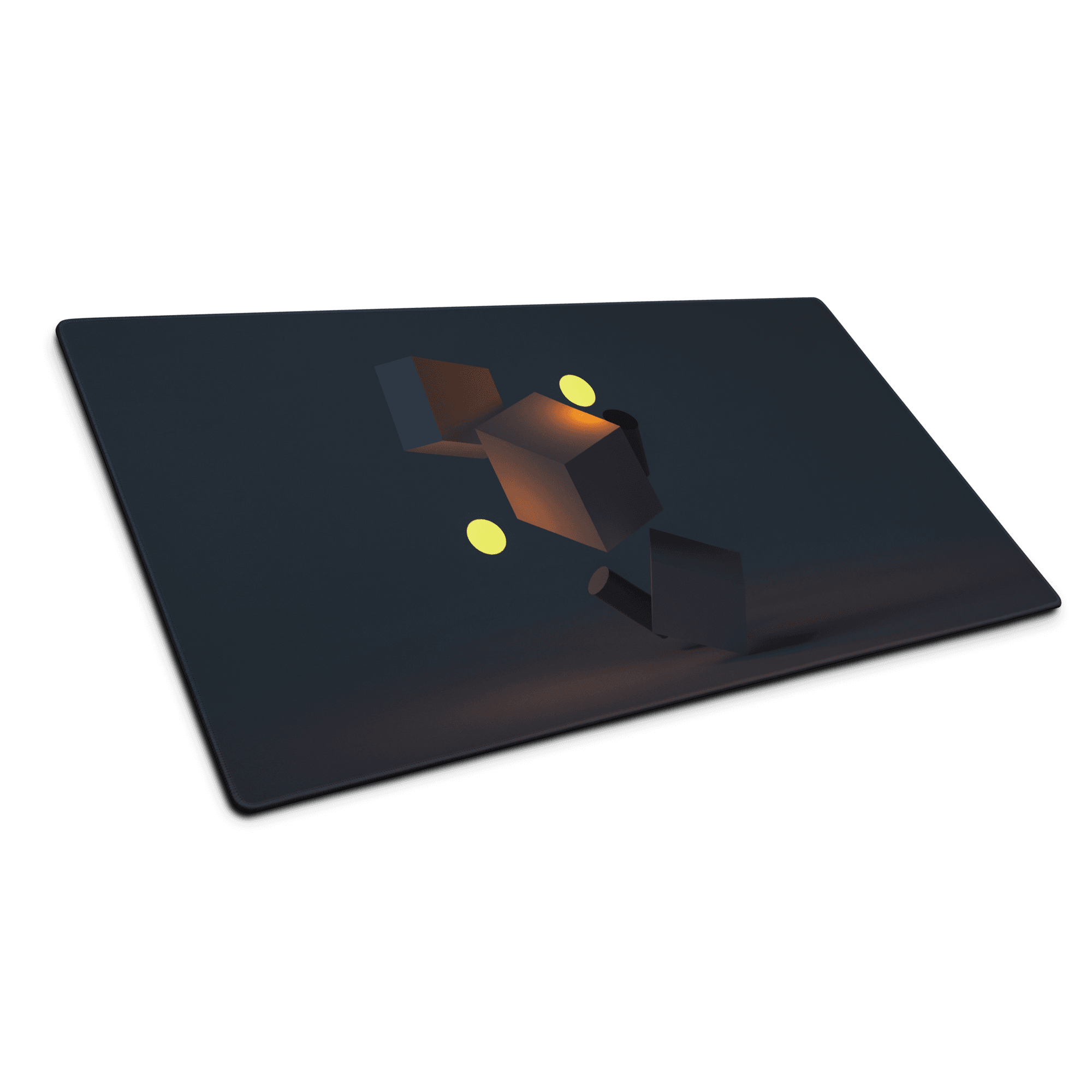 Dark gray tablet with 3D glowing yellow orbs on premium large dark navy gaming mouse pad