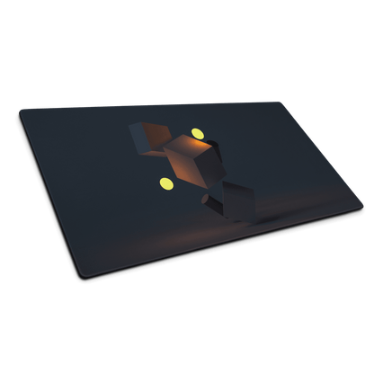 Dark gray tablet with 3D glowing yellow orbs on premium large dark navy gaming mouse pad
