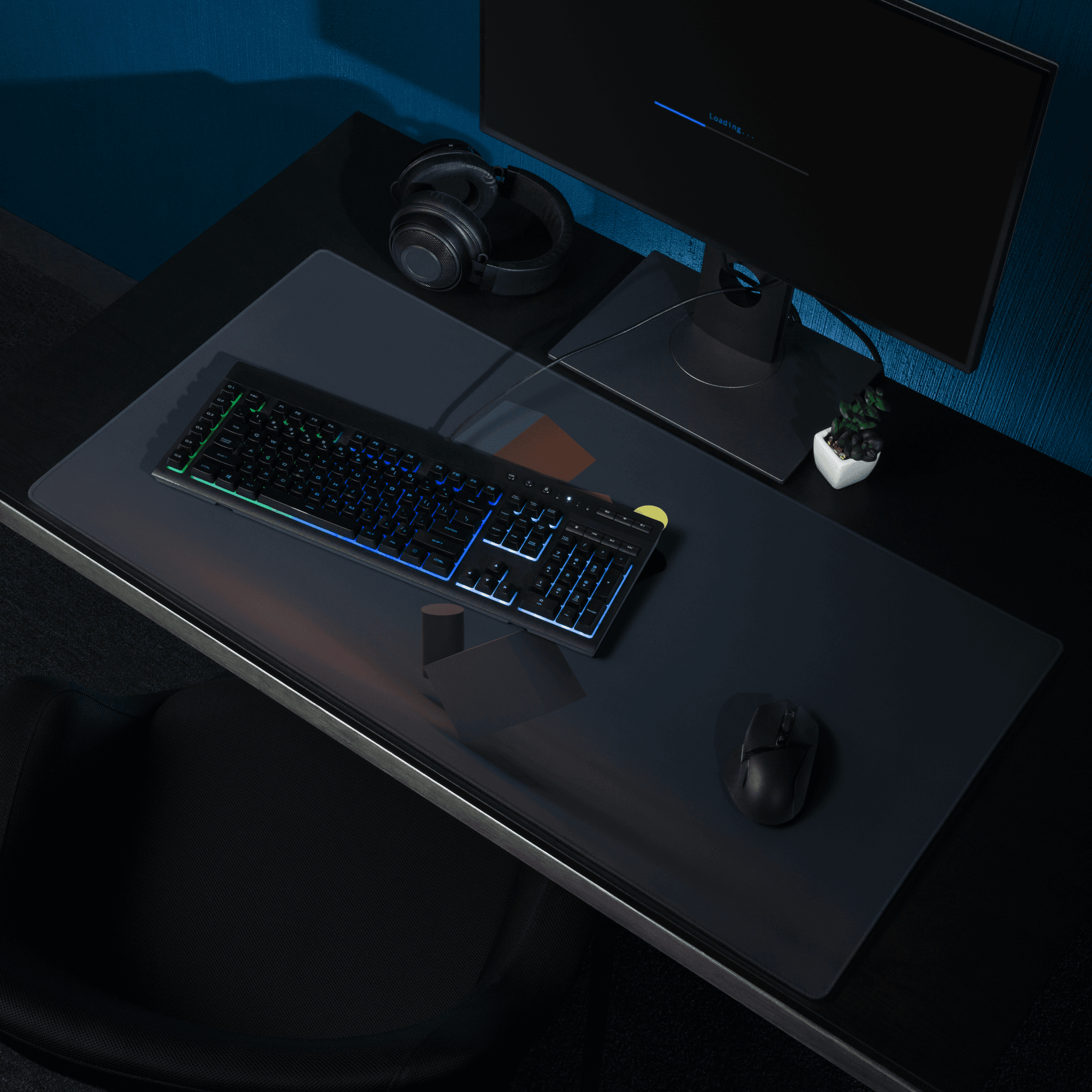 Premium large non-slip dark navy gaming mouse pad with stitched edges under keyboard and mouse