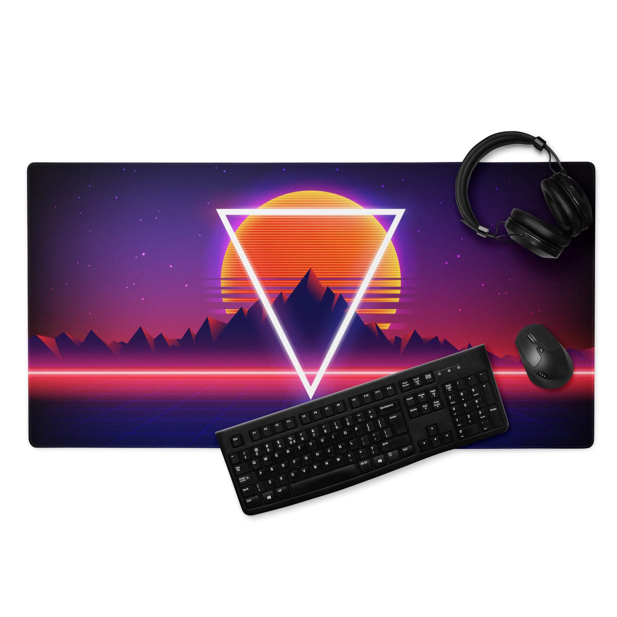 Neon retro mountains gaming mouse pad with glowing triangle sunset
