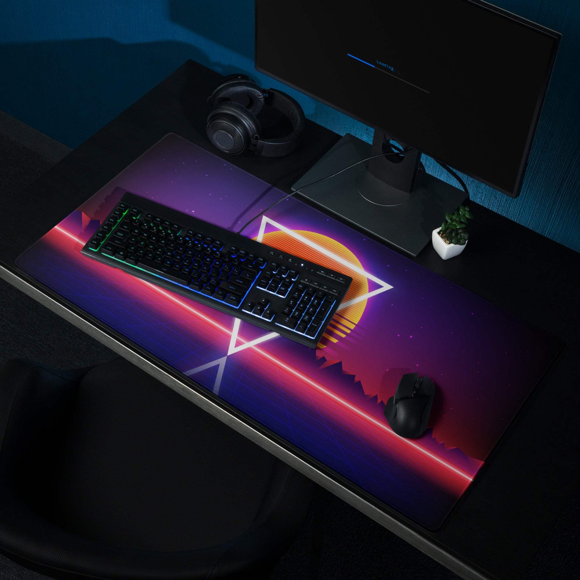 Neon purple orange retro-futuristic mountains gaming mouse pad