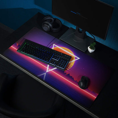Neon purple orange retro-futuristic mountains gaming mouse pad