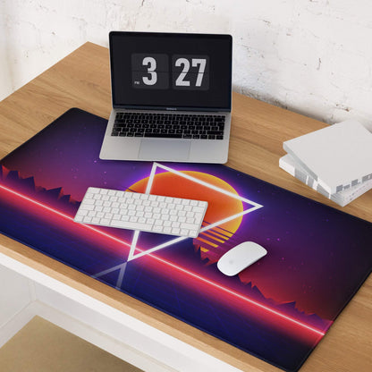 Neon Retro Mountains gaming mouse pad with sunset colors and non-slip base