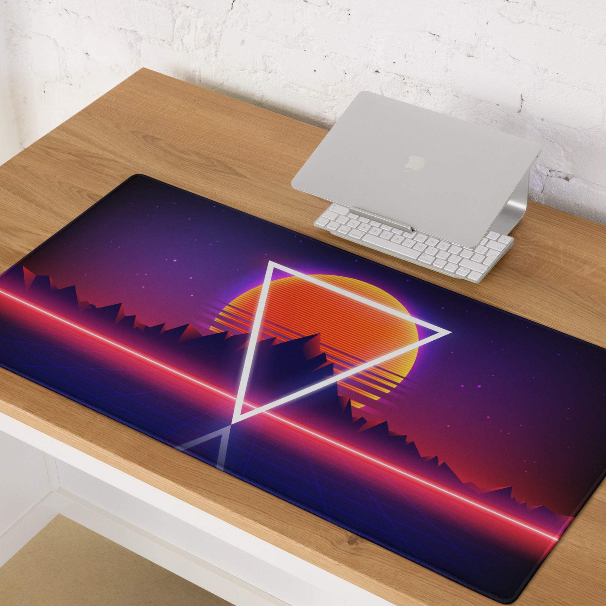Neon Retro Mountains gaming mouse pad with sunset colors and non-slip base
