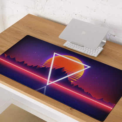 Neon Retro Mountains gaming mouse pad with sunset colors and non-slip base