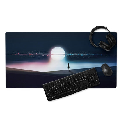 Dark blue cinematic night sky gaming mouse pad with surreal cosmic figure artwork