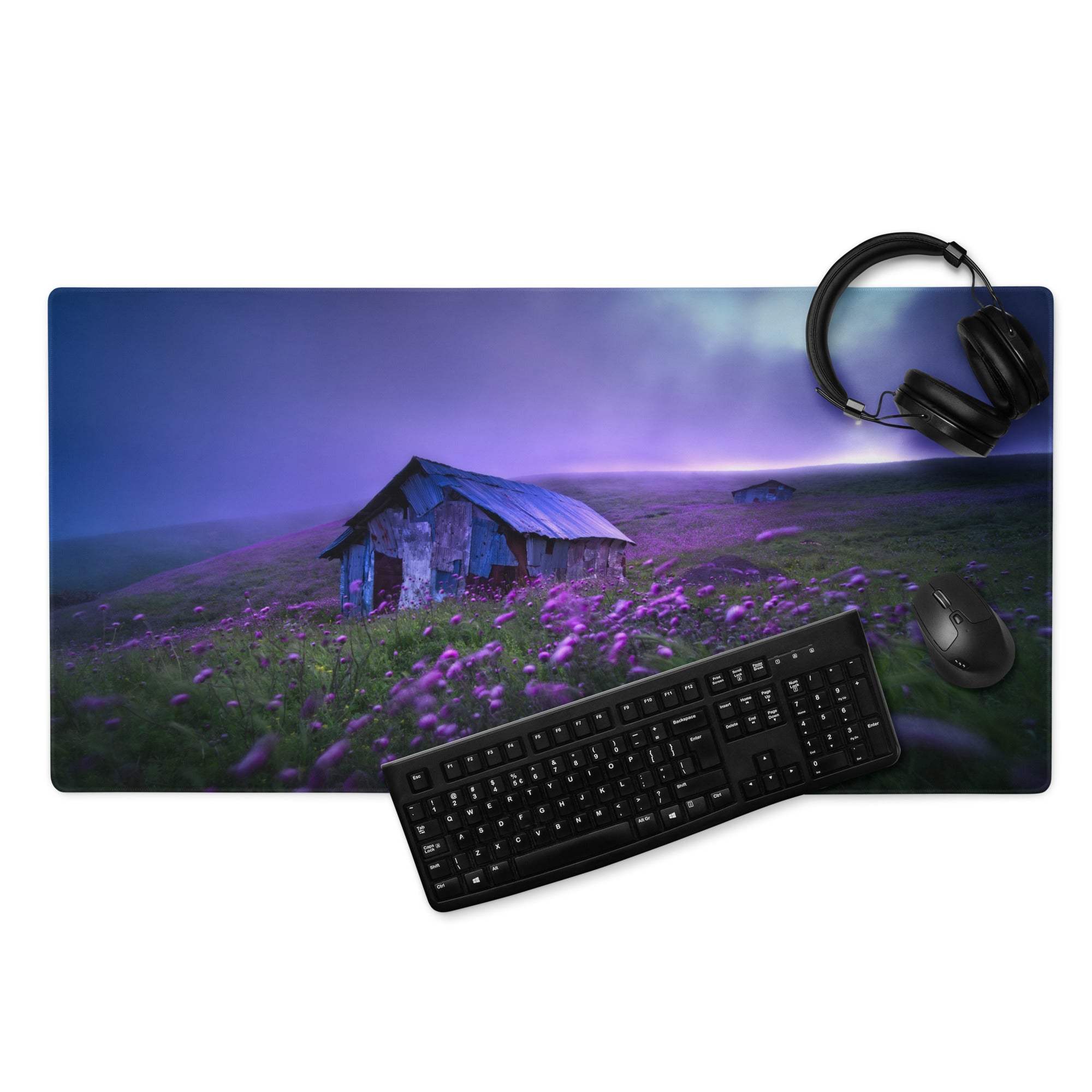 Epic Landscape Purple Twilight gaming mouse pad with barn and flowers