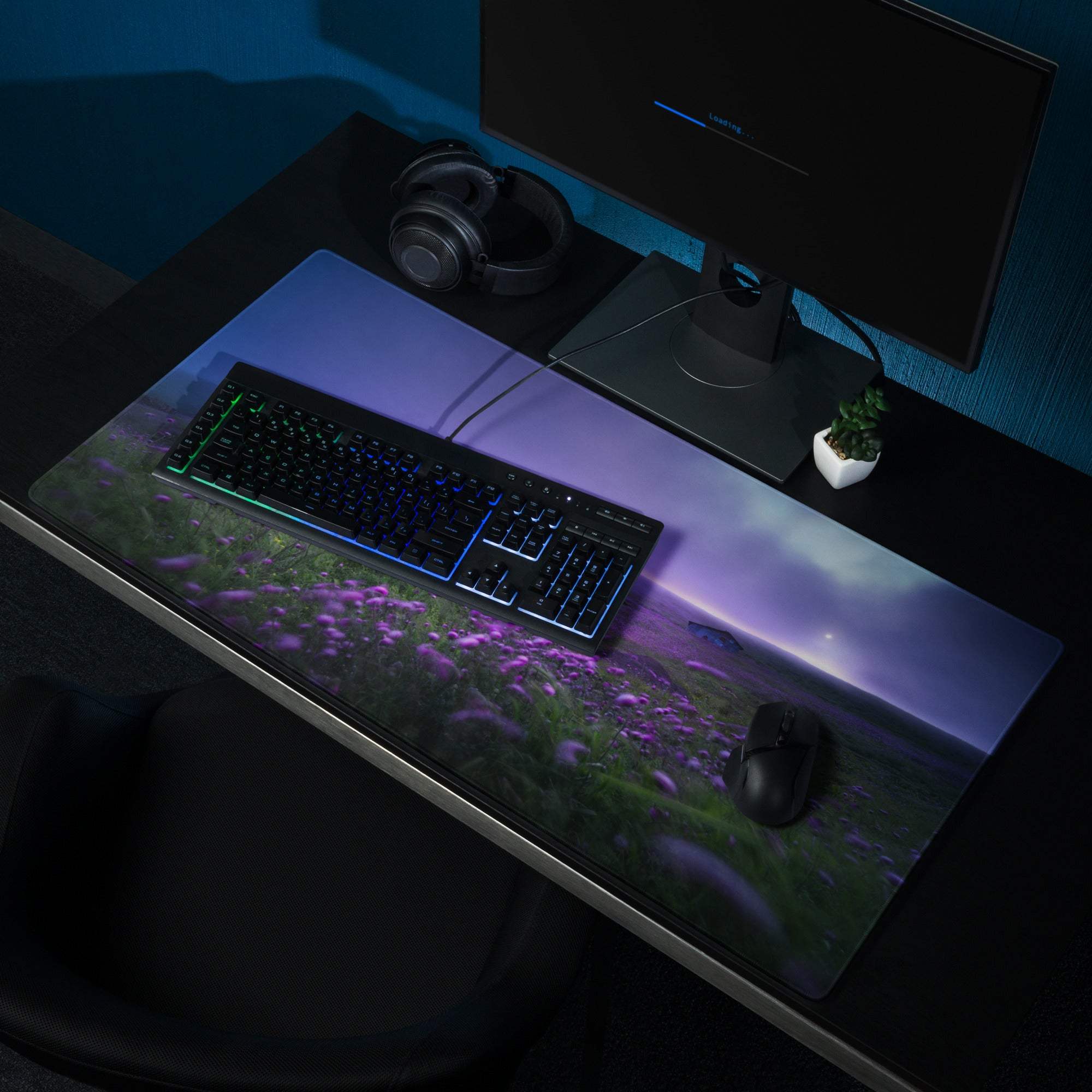 Epic Landscape Purple Twilight large gaming mouse pad with purple flowers under twilight sky