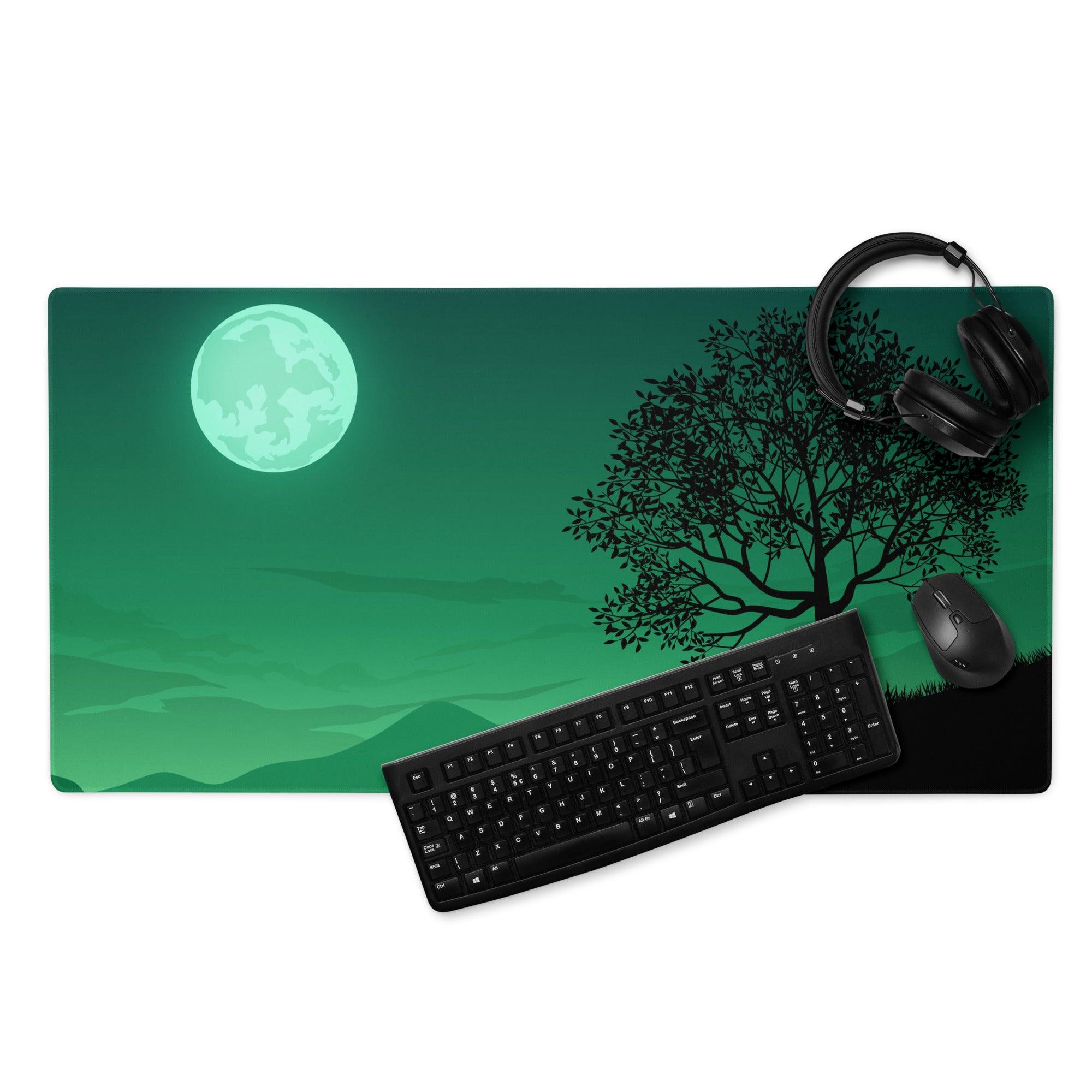 Green moonlit silhouette tree landscape gaming mouse pad large non-slip