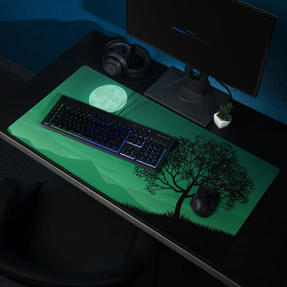 Green gaming mouse pad with black tree silhouette under moon, non-slip base