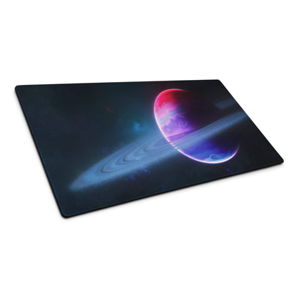 Sleek black Cosmic Galaxy gaming mouse pad with glowing pink purple planet and blue rings on starry backdrop