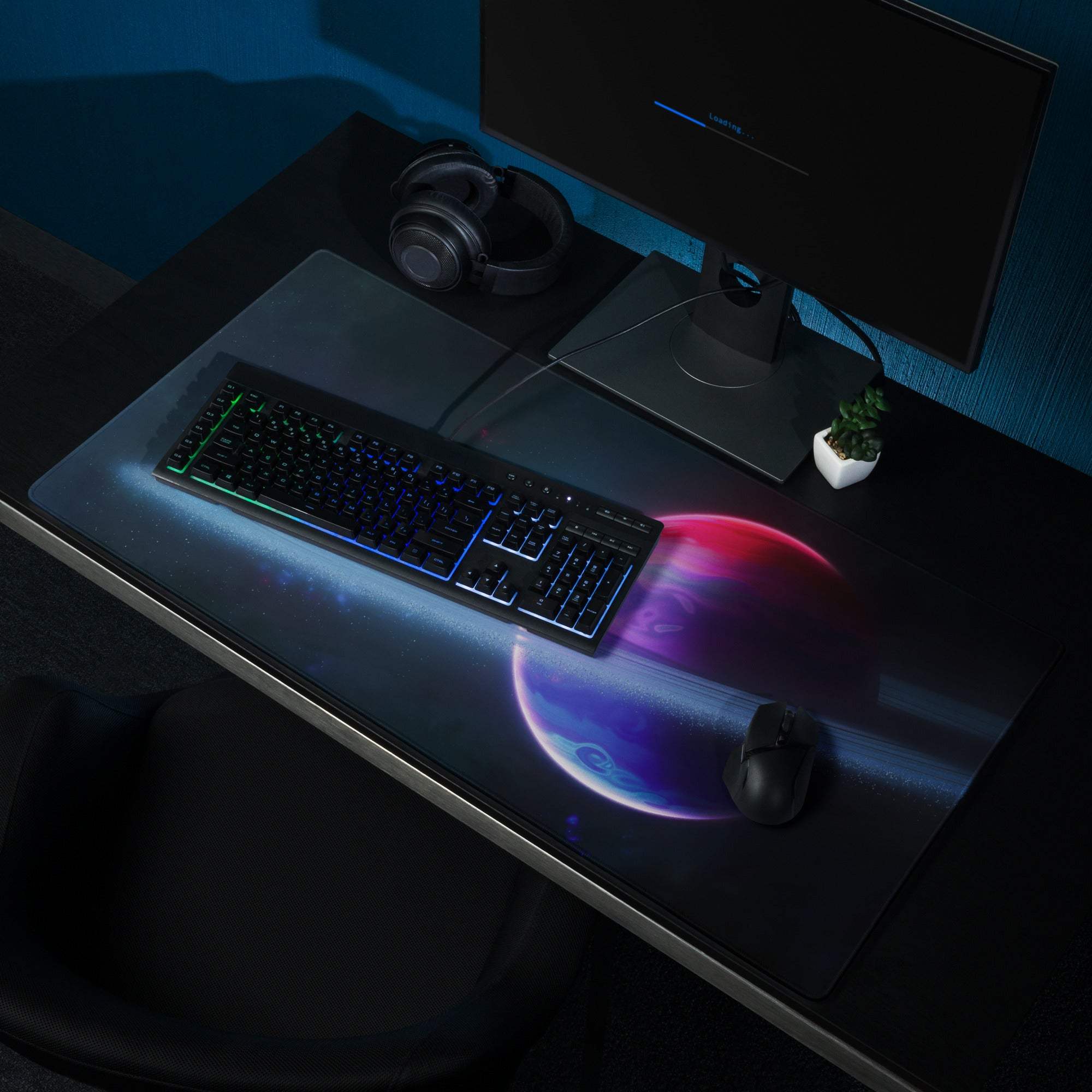 Cosmic Galaxy large gaming mouse pad with vibrant purple pink planets and RGB glow