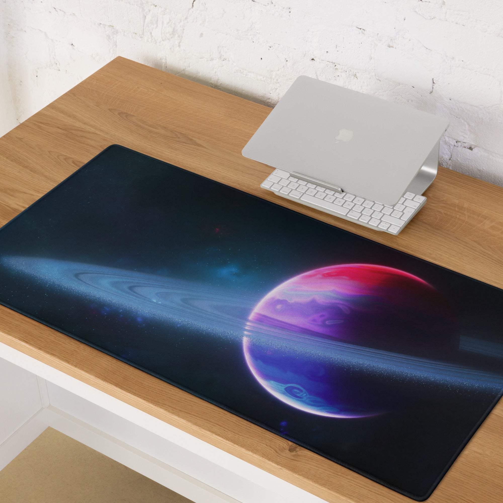 Large cosmic galaxy gaming mouse pad with pink purple planet, non-slip base