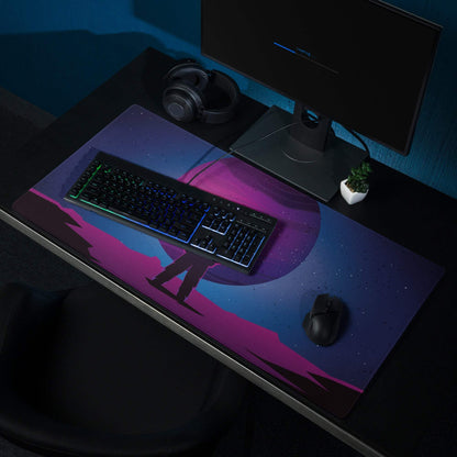 Cosmic Astronaut Purple Neon Night large gaming mouse pad with silhouette on mountain