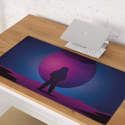 Cosmic astronaut purple neon night large gaming mouse pad with glowing planet