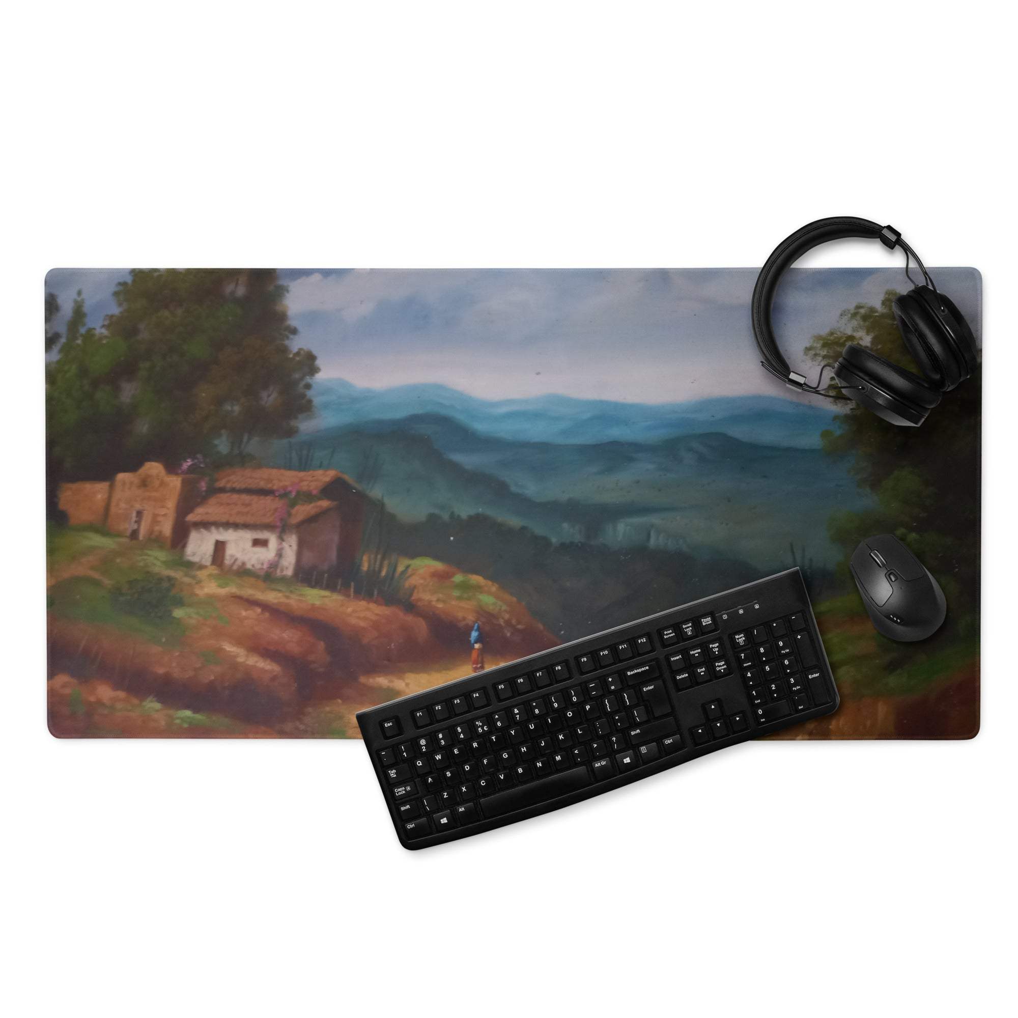 Artistic landscape large rural village gaming mouse pad with serene hills