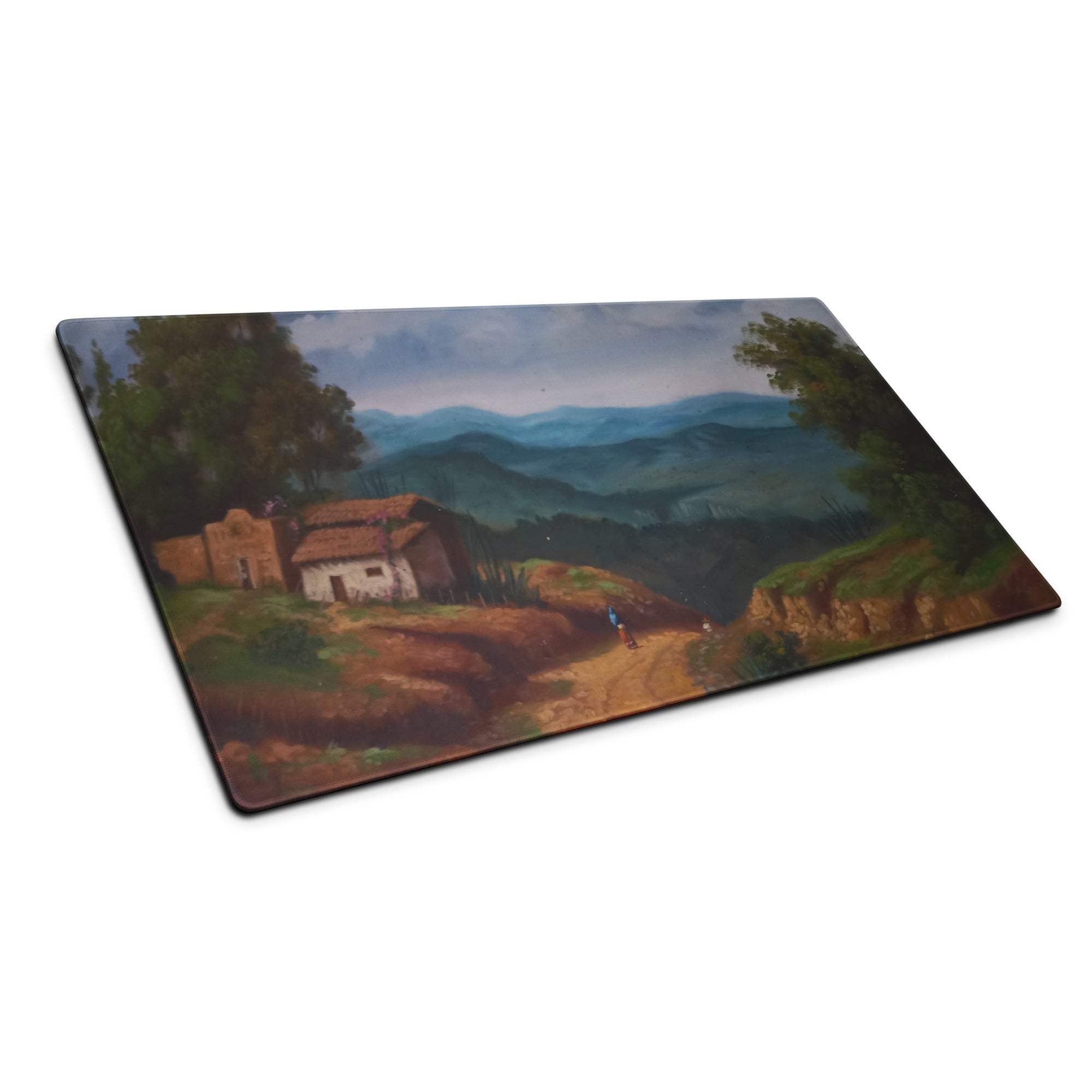 Artistic landscape glass cutting board with serene rural village mountains trees