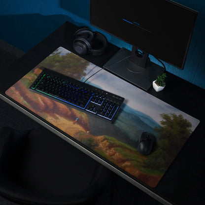Artistic landscape large rural village gaming mouse pad serene blues greens