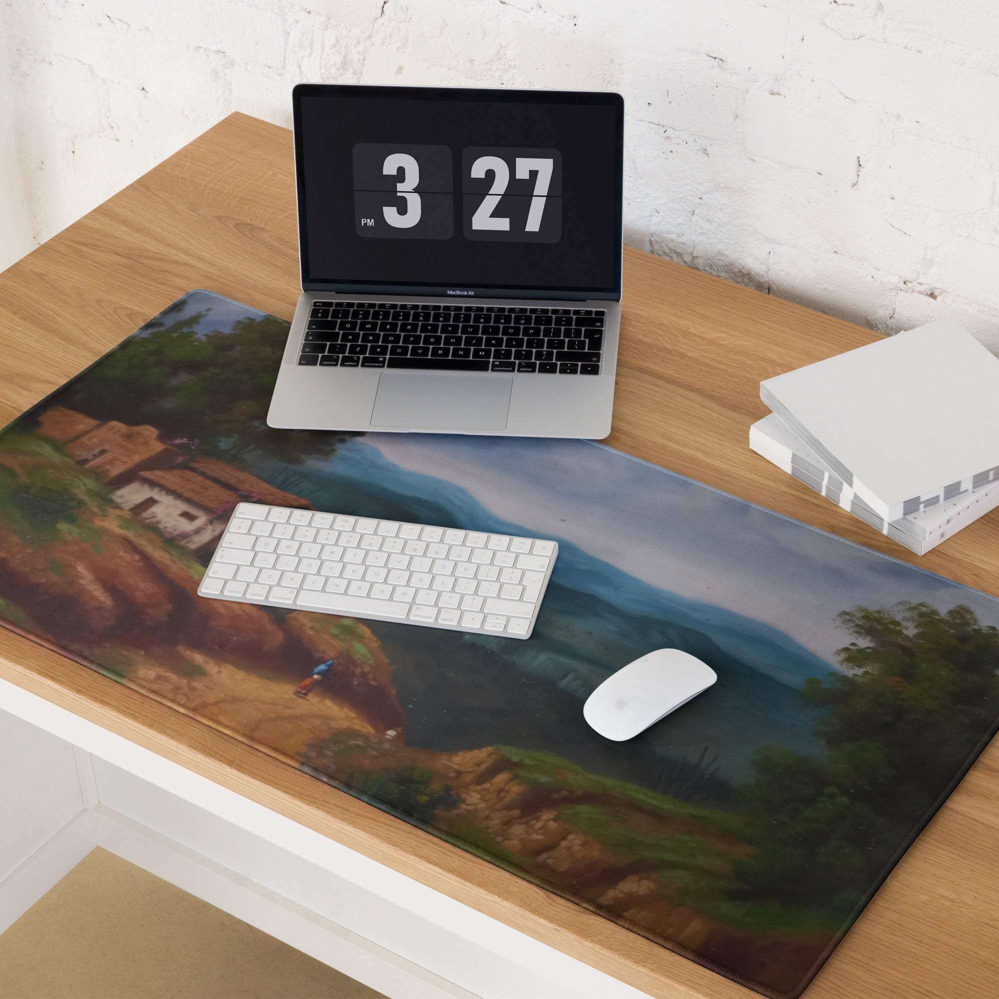 Artistic landscape large gaming mouse pad with serene rural village hills and trees