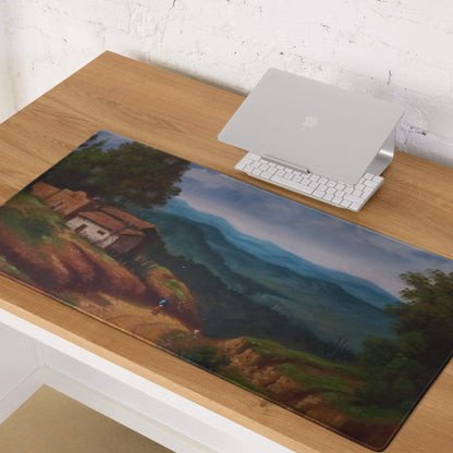 Artistic landscape large gaming mouse pad with serene rural hills and mountains