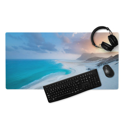 Coastal ocean blue sunset serenity gaming mouse pad with beige beach scene, keyboard, mouse