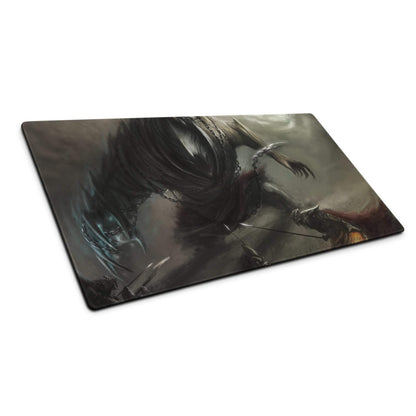 Dark fantasy warrior battle scene on large gaming mouse pad with stitched edges