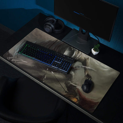 Grayscale fantasy warrior on horseback gaming mousepad, large non-slip stitched